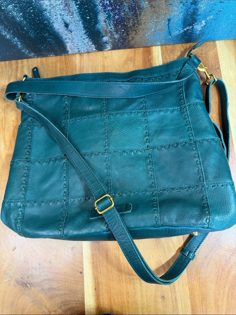 American Leather Co Boho Hunter Green Patchwork Leather Satchel/Crossbody (EUC)